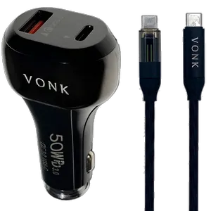 شارژر فندکی 50 وات دو پورت وونک مدل VC-50 به همراه کابل 1 متری USB-C - بندانگشتی 1